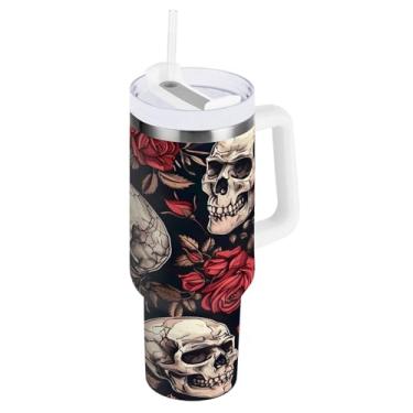 Imagem de STAYTOP Copo de rosa vermelha e caveira de Halloween de 1,134 g com tampa e palha, copo isolado de aço inoxidável durável à prova de vazamento com alça, garrafas de água à prova de derramamento para
