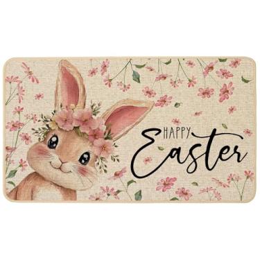 Imagem de Baccessor Capacho Happy Easter 43 x 73,6 cm, coelhos rosa, floral, bem-vindo, tapete de porta para chão, antiderrapante, suporte de borracha, decoração sazonal de férias para ambientes internos e