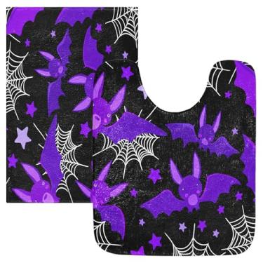 Imagem de Burbuja Conjunto de tapetes de banheiro de morcegos roxos de desenho animado, tapete de banho absorvente de pelúcia macio, base de vaso sanitário antiderrapante para banheiro