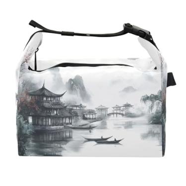 Imagem de STAYTOP Lancheira de pintura de paisagem de tinta chinesa com fivela de alça, lancheira isolada para meninos e meninas lancheira para trabalho escolar