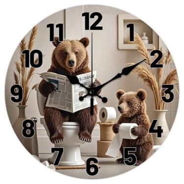 Imagem de CHGCRAFT Relógio de parede de urso engraçado de 30,5 cm, relógio de vaso sanitário, placa de madeira, relógios decorativos redondos para quarto, sala de estar, cozinha, escritório