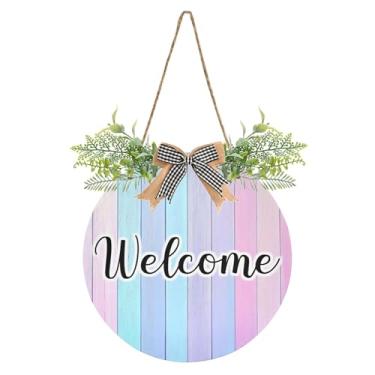 Imagem de Burbuja Placa de boas-vindas colorida de madeira pastel, placa de boas-vindas pendurada com flor para porta, parede, casa, casa de fazenda, varanda, decoração de feriados, 30 x 30 cm