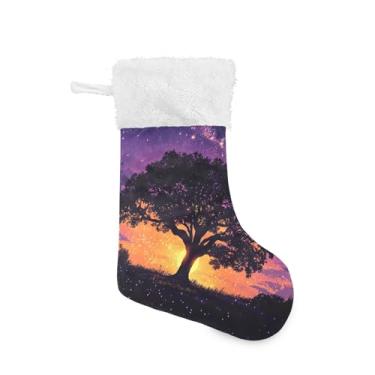 Imagem de xigua Árvore de carvalho ao pôr do sol, meia de Natal, personalizada, grande, doces, presente pendurado, meias de Natal, decoração para decoração de festa de férias em família, lareira