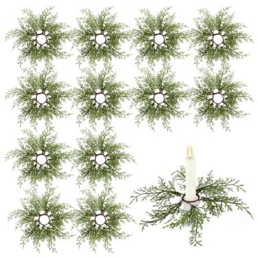 Imagem de Canlierr Pacote com 12 anéis de vela cônica de pinheiro de Natal, decorações de guirlandas, minicastiçais de 3,8 cm para decoração de castiçais de mesa de Natal, férias, igreja, casa, mesa, centro de