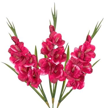 Imagem de Oairse Flores artificiais de gladíolo magenta, 3 peças, flores de seda com caules, flores falsas para vaso primavera verão decoração interna de hastes florais falsas enchimentos para centros de mesa