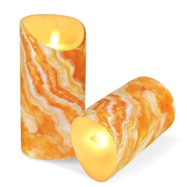 Imagem de ATTX Pacote com 2 velas de mármore laranja sem chama – Velas de pilar de LED de 7,6 cm x 15 cm com controle remoto e temporizador para casa, casamento, decoração de acampamento #768