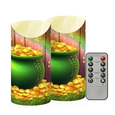 Imagem de Wassud Pacote com 2 velas sem chamas de trevo de moeda do dia de São Patrício com controle remoto, velas realistas cintilantes com temporizador, velas decorativas para Natal, casamento, festa