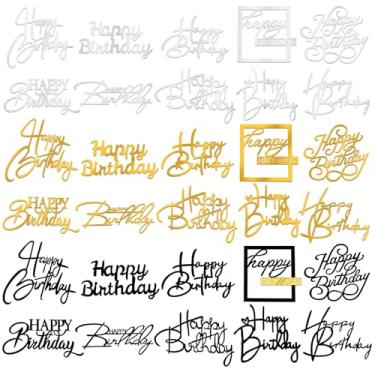 Imagem de 30 peças de topo de bolo de feliz aniversário espelho acrílico decoração de aniversário dupla face para meninas suprimentos de festa feminino dourado prata preto