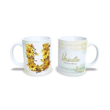 Imagem de Caneca de Cerâmica Personalizada Alice com Design Floral, Branco e Amarelo, 325 ml (u)