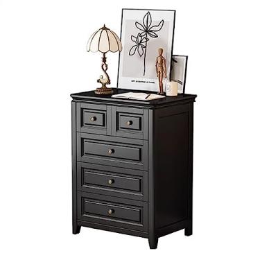 Imagem de Cômodas Cômoda de madeira maciça grande capacidade com 5 gavetas cômoda preta vintage cabeceira gaveta armário armazenamento para sala estar quarto
