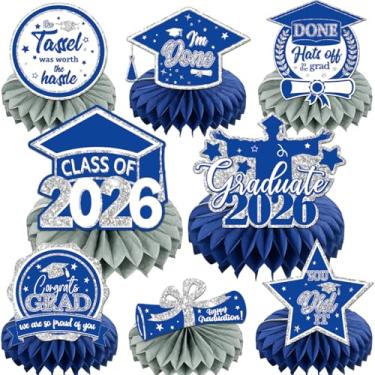 Imagem de Decorações de graduação, peças centrais de favo de mel, classe de 2025, azul e prata, conjunto de 8 peças