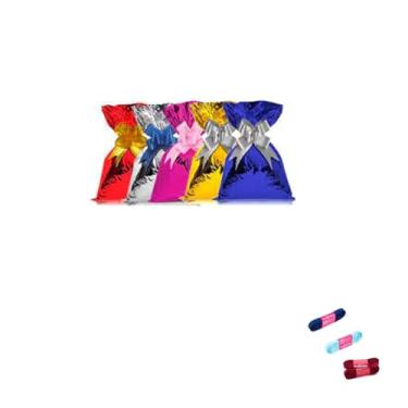 Imagem de Kit Saco Metalizado 10x15 cm com 50 Unidades e Fita Cetim 10 mm x 10 Metros
