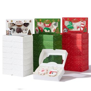 Imagem de JCXGRVC Pacote com 24 caixas de confeitaria de Natal de 17 x 10 x 3 cm com janela transparente de 3 padrões, perfeitas para embalar bolo de macaron, chocolate, trufa, biscoito, torta de rosquinha
