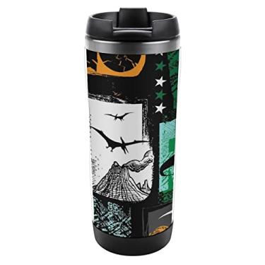 Imagem de Garrafa de água de aço inoxidável de patchwork de dinossauros sem costura, verde, branco, preto, amarelo, turquesa, patchwork, garrafa de copo de parede dupla com alça de 368 g, caneca de viagem