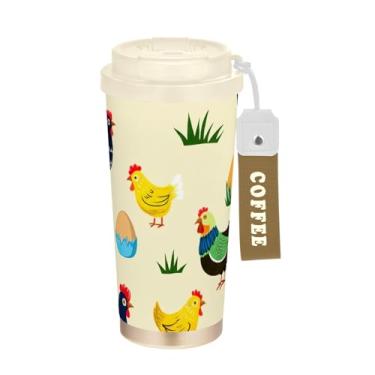 Imagem de Caneca de viagem de café 40 ml com canudo e tampa, revestimento cerâmico, isolamento a vácuo, paredes duplas, galinhas fofas amarelas