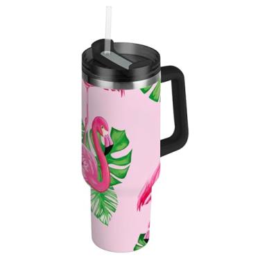 Imagem de Joisal Copos de aço inoxidável com tampa e canudos Flamingo rosa tropical macio pastel caneca de café quente para carros copo térmico com alça garrafa de água 1,134 g isolada