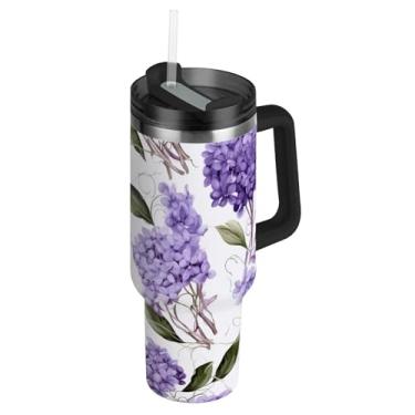 Imagem de Copo de 1,134 g com alça copos de aço inoxidável com tampas e canudo à prova de vazamento carros garrafas de água isoladas xícaras de café quente para carro flores lilás roxas