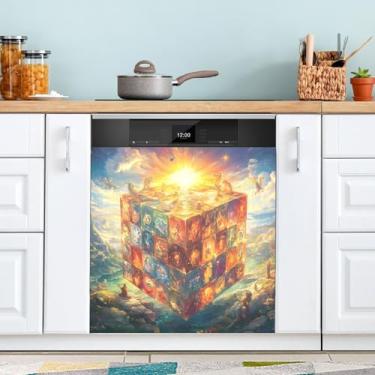 Imagem de Cubo mágico brilhante capas de máquina de lavar louça pele magnética à prova d'água adesivos magnéticos de geladeira decalque 58 cm x 66 cm