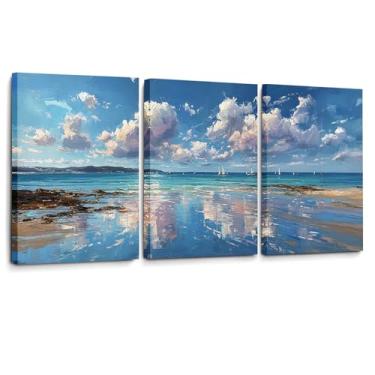 Imagem de CANLUNTE Serene Seascape Triptych Wall Art - Impressão em tela calmante do oceano azul e nuvens, conjunto de pintura de praia costeira de 3 painéis para decoração de parede de quarto, banheiro, arte