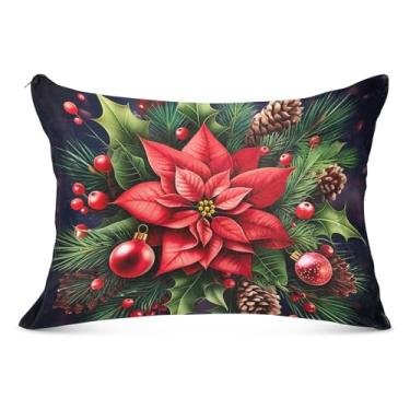 Imagem de Capa de travesseiro de flanela grande de Natal com flor floral vermelha de Natal com zíper longo padrão Queen King Size fronha macia para cama, tamanho do corpo, 53 cm x 137 cm