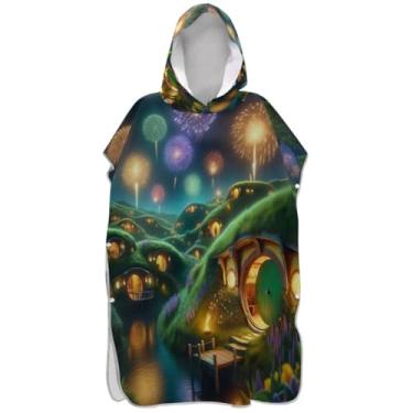 Imagem de Joisal Poncho de surfe para adultos trocador com capuz toalha de praia estampado plus size ponchos adultos para mulheres desenho animado aldeia fogos de artifício verde