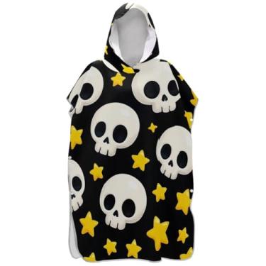 Imagem de Joisal Poncho de surfe para adultos trocador de roupão de praia com capuz toalha floral vestível bonito crânios brancos estrelas amarelas ponchos femininos com capuz