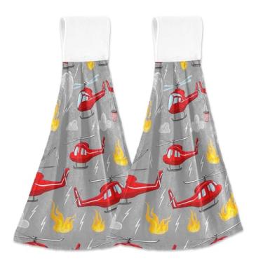 Imagem de Toalhas de cozinha suspensas de outono helicópteros de desenho animado vermelho fogo cinza forno toalhas de chá conjunto de 2, essenciais de cozinha decorativos absorventes, 18,2 x 14 polegadas