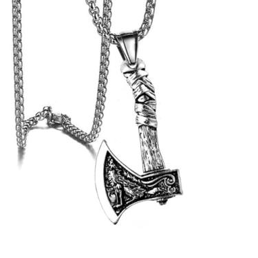 Imagem de Colar masculino com pingente de machado de prata em aço inoxidável, joia viking vintage, presente, One Size, Aço inoxidável, Sem Pedra Preciosa