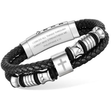 Imagem de Pulseira de couro prata cristã para homens - Pulseira de cruz de fé de couro trançado de fileira dupla pulseira de batismo religioso versículo bíblico inspirador joia presente para homens jovens