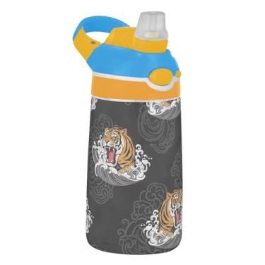 Imagem de Garrafa de água de 473 ml para crianças, reutilizável, 473 ml, garrafa de água de plástico Tritan com canudo à prova de vazamento, copo infantil portátil, alça de transporte, fererce Tigers preto