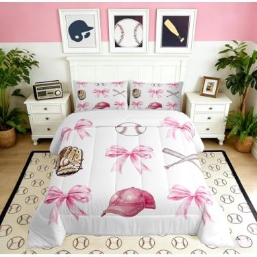 Imagem de Castle Fairy Conjunto de cama casal de beisebol, laço rosa, esportivo, para decoração de quarto de adolescentes e mulheres, conjunto de colcha com 3 peças, enchimento de edredom infantil rosa e branco