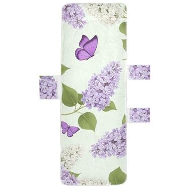 Imagem de Capa de toalha de cadeira de praia de flores brancas lilás borboletas com bolsos espreguiçadeira 216 x 76 cm