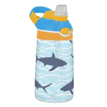 Imagem de Garrafa de água infantil Tritan de 473 ml, portátil, 473 ml, com canudo à prova de vazamento, reutilizável para viagem, alça de transporte, tubarões escuros, azul claro
