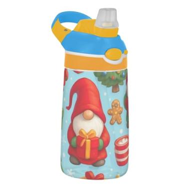 Imagem de Garrafa de água esportiva Tritan infantil de 473 ml com tampa de palha, garrafa de água reutilizável de 473 ml, copo infantil portátil à prova de vazamento, alça de transporte, lindos gnomos de Natal