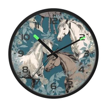 Imagem de SEHANY Relógio de parede artístico majestoso cavalos silencioso, sem tique-taque, relógio redondo operado por bateria, controle de som, luz noturna, relógios de parede para sala de estar, cozinha
