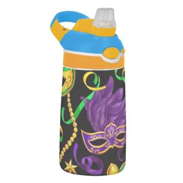 Imagem de Garrafa de água inspirada Mardi Gras Purpel Green infantil com canudo 473 ml Tritan 473 ml Garrafa de água esportiva portátil reutilizável para crianças, à prova de vazamento, alça de transporte