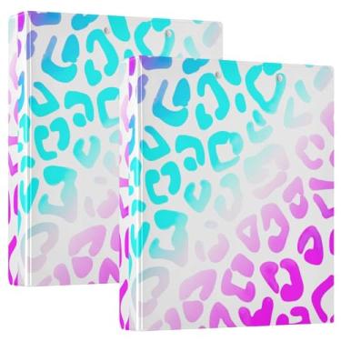 Imagem de Fichários personalizados de 3 anéis de leopardo azul rosa roxo de 3 cm comporta 200 folhas para prancheta de impressão de anel redondo, 31,5 x 27 x 6 cm, 1 pacote