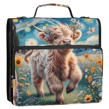 Imagem de Organizador de fichário grande com zíper com 3 argolas anel D de 3 cm, noite estrelada, vaca Highland, fofo, pasta de armazenamento com alça de ombro para escola