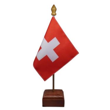 Imagem de Bandeira de Mesa Elegance Suíça, Dupla Face, 19x13cm, Base Madeira Natural, Altura 30cm, Tecido Oxford, para Escritório, Eventos, Decoração
