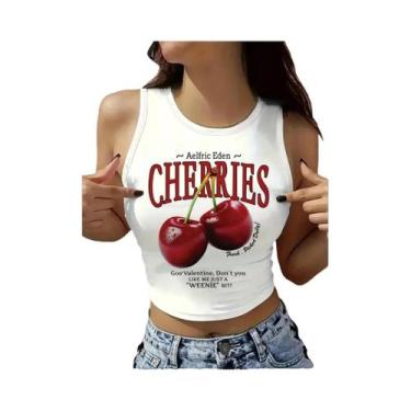 Imagem de Camiseta Feminina Com Estampa De Cereja, Sem Mangas, Gola Redonda, Cam