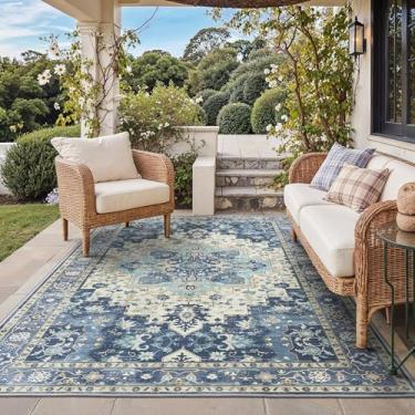 Imagem de GENIMO Tapete para área externa e interna, 1,8 m x 2,5 m, impermeável, não cai, fácil de limpar, tapete boho para pátio, sala de estar, varanda, sala de jantar, trailer, deck, quarto, acampamento