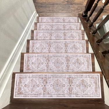 Imagem de Ileading Tapete antiderrapante para degraus de madeira, conjunto de 7,6 cm x 20,3 cm, tiras de tapete de escada com fundo de borracha, tapetes para escadas, tapetes macios para escadas e cães, bege