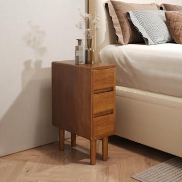 Imagem de Mesa de cabeceira estreita com 3 gavetas, mesa de cabeceira estreita de madeira maciça, mesa de cabeceira moderna de meados do século, mesa de canto de madeira para quarto, sala de estar, escritório
