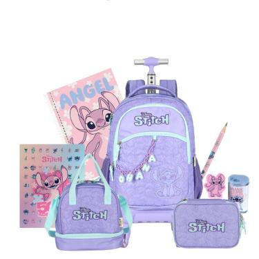 Imagem de Kit Mochila Stitch Rodas Lancheira E Estojo Box Escolar Roxo