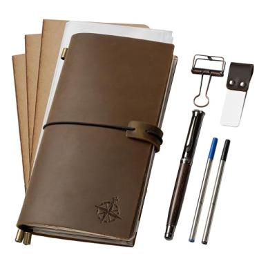 Imagem de Wanderings Caderno Travelers de tamanho normal/diário de couro genuíno feito à mão - 11,5 cm x 22 cm - Inclui um suporte de caneta com uma caneta e 2 refis de tinta extra, uma pasta de PVC e um clipe