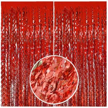 Imagem de Cortina de fundo ondulado com franjas de folha de tinsel vermelha para festas, cortina de fundo ondulada metálica brilhante para decorações de festas, adereços de cabine de fotos, aniversário