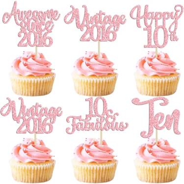 Imagem de Ephlyn 30Pcs Vintage 2016 Cupcake Toppers Glitter Ten 10 Fabulous Happy 10th Birthday Cupcake Picks Cheers to 10 Years for Anniversary Party Cake Decorations Supplies Pink