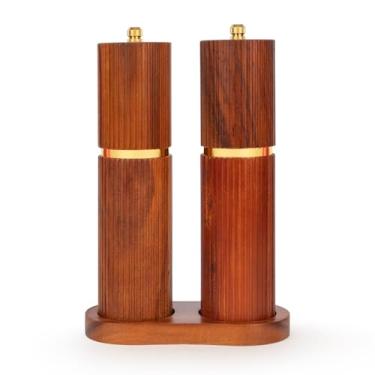 Imagem de Besti Conjunto de moedor de sal e pimenta de madeira com bandeja - Moedores recarregáveis de acácia listrada de 20 cm para sal, pimenta, pimenta, temperos - moedor de pimenta e sal reutilizável