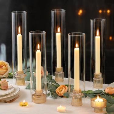 Imagem de NITIME 9 conjuntos de castiçais de vidro Hurricane para centros de mesa, castiçais dourados com tampas de cilindro à prova de vento (30 cm/32 cm/35 cm A), castiçais cônicos para casamento, festa e