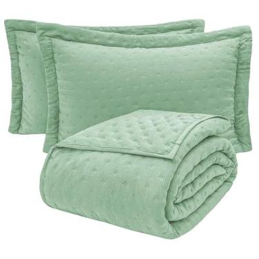 Imagem de Kit Cobre Leito Colcha Ryviera Casal Dupla Face 3 Peças - Verde Claro 